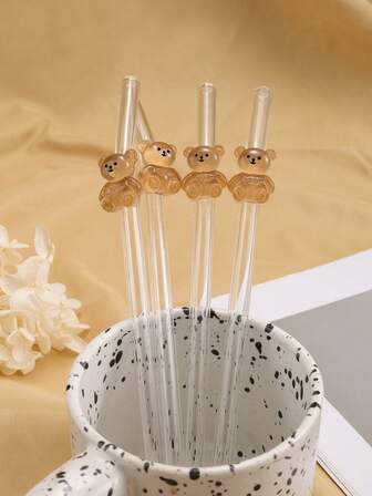 1/5pcs Brown Bear Glass Straws - Cute Reusable Bent Straws Suitable For Iced Coffee, Milk Tea And Juice. Party Decor And Thoughtful Gift For Adults.