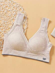 1pc Apricot Maternity Bra, Crossover Lace Trim Seamless Nursing Bra - Apricot - View 6