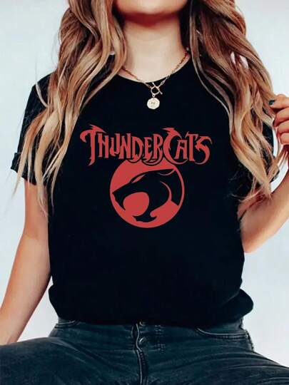 100% Cotton Thundercats Logo On Black T Shirt Round Neck Short Sleeve T-Shirt Women's Men's Graphic Tee