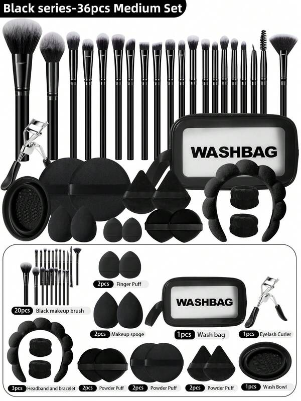 36pcs Combination Set Of Makeup Brushes And Makeup Bag Makeup Sponges,Makeup Remover Puff & Eyeshadow Brush & Eyebrow Brush & Foundation Brush & Powder Makeup Brush & Blush Brush & Concealer Brush & Highlighter Brush Ultra-Soft Premium Synthetic Hair For Daily Makeup On Face