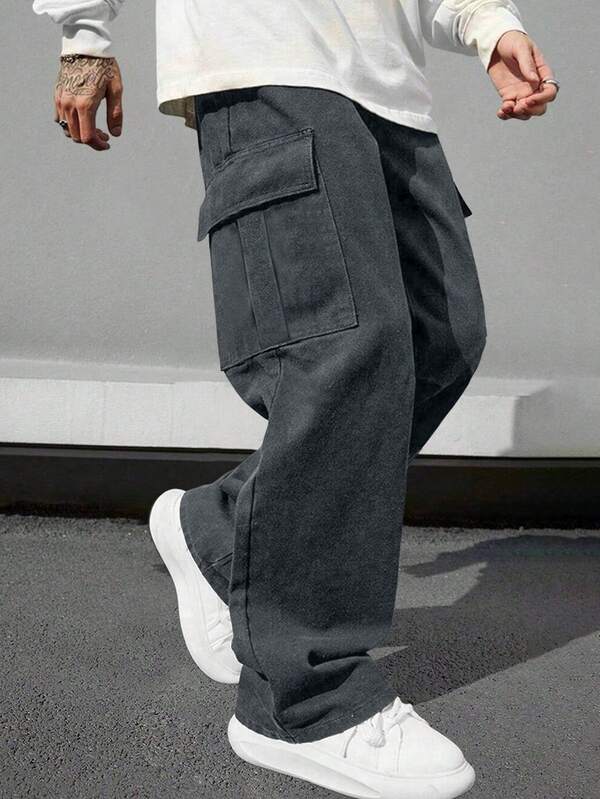 1 pieza Pantalón cargo de unicolor talla grande para hombre, apto para primavera/otoño, playa/vacaciones de verano, viajes diarios, entrenamiento, actividades al aire libre, senderismo, uso casual, holgado, minimalista, versátil, de pierna recta