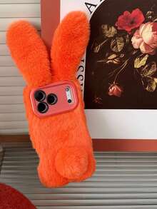 Fluffy Rabbit Winter Phone Case Compatible With IPhone 17 Pro Max, Lens Holder, Orange, Warm Plush Cover For IPhone 16, 15, 14 Anti-Drop Protection