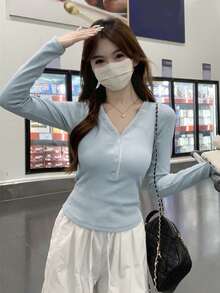 Women's Autumn/Winter Half-Open Collar Button Lace Patchwork 2 In 1 Long Sleeve T-Shirt