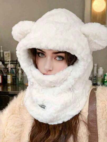 1piece Of Women's Winter Ear Cap, Cute Furry Bear Ear Tips, Thick Mask And Hood Integrated, Suitable For Daily Wear, Going Out, And Gatherings