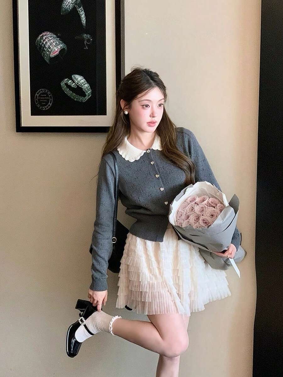 Áo khoác cardigan dệt kim cổ Peter Pan phối màu tương phản dễ thương, tươi mới, thích hợp cho ngày Valentine, dành cho nữ, mùa Đông/Xuân. - Xám - Xem 1