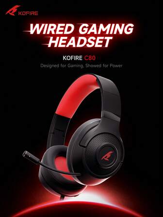  KOFIRE C80 有线游戏耳机，配备麦克风，轻巧可折叠，方便携带，立体声低音耳机，兼容多种设备，适用于智能手机、平板电脑和 MP3 播放器/PC（黑色和红色）