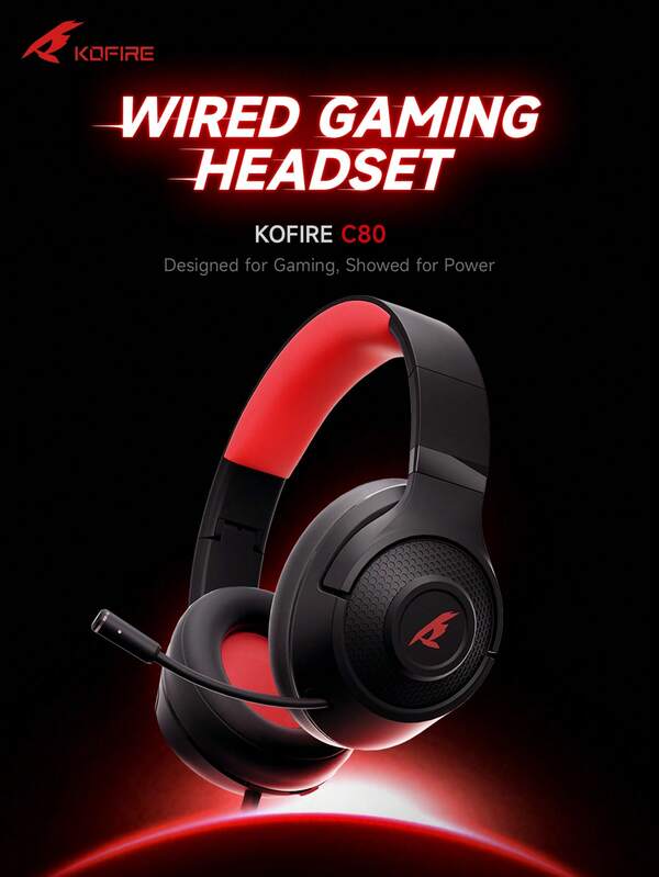 KOFIRE KOFIRE C80 Wired Gaming Headset, Featuring A Microphone, Lightweight And Foldable For Easy Portability, Stereo Bass Headphones, Compatible With Multiple Devices, Suitable For Smartphones, Tablets, And MP3 Players/PCs (Black And Red)