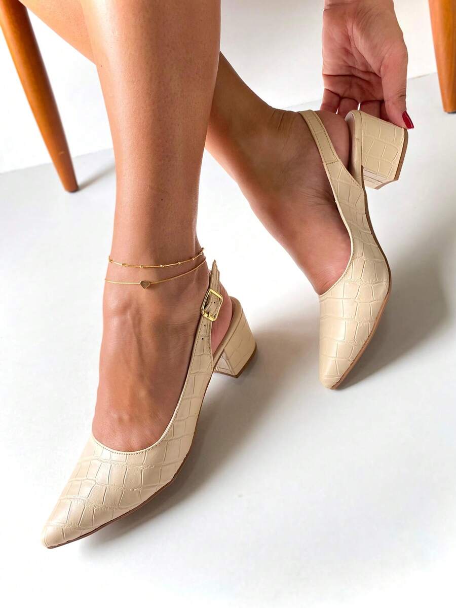 Elegant Block Heel Sandal With Pointed Toe And Closed Back Crocodile Opening In - Crocodile - View 1