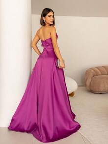 SATIN PARTY DRESS WEDDING BRIDESMAIDS GRADUATES STRAP-OFF - FUCHSIA - View 2