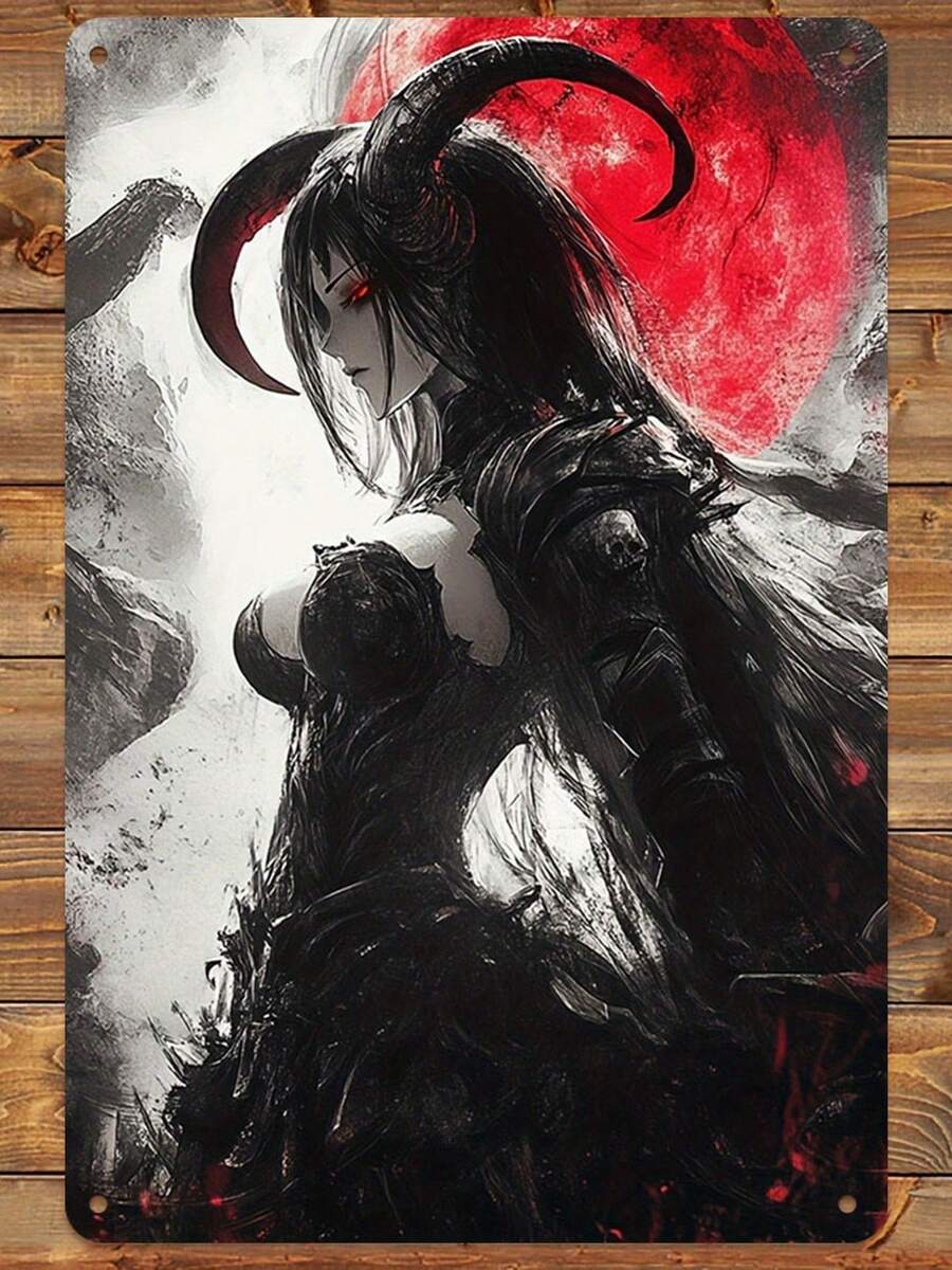 2D Flat, 1pc Overlord Albedo Anime Poster Metal Sign - Gothic Dark Fantasy Wall Art Decor With Female Overlord,  & Red Monochromatic Design - Heavy-Duty Aluminum Poster For Home, Office, Anime Fans - No Electricity Need - 鏽棕色 - 查看 1