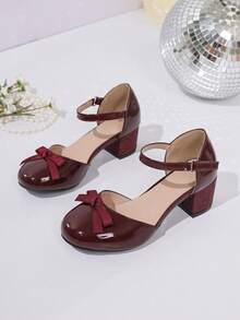 1 Pair Burgundy Bow Sequin Chunky Heel Shoes, Sweet & Cool Fashion Item