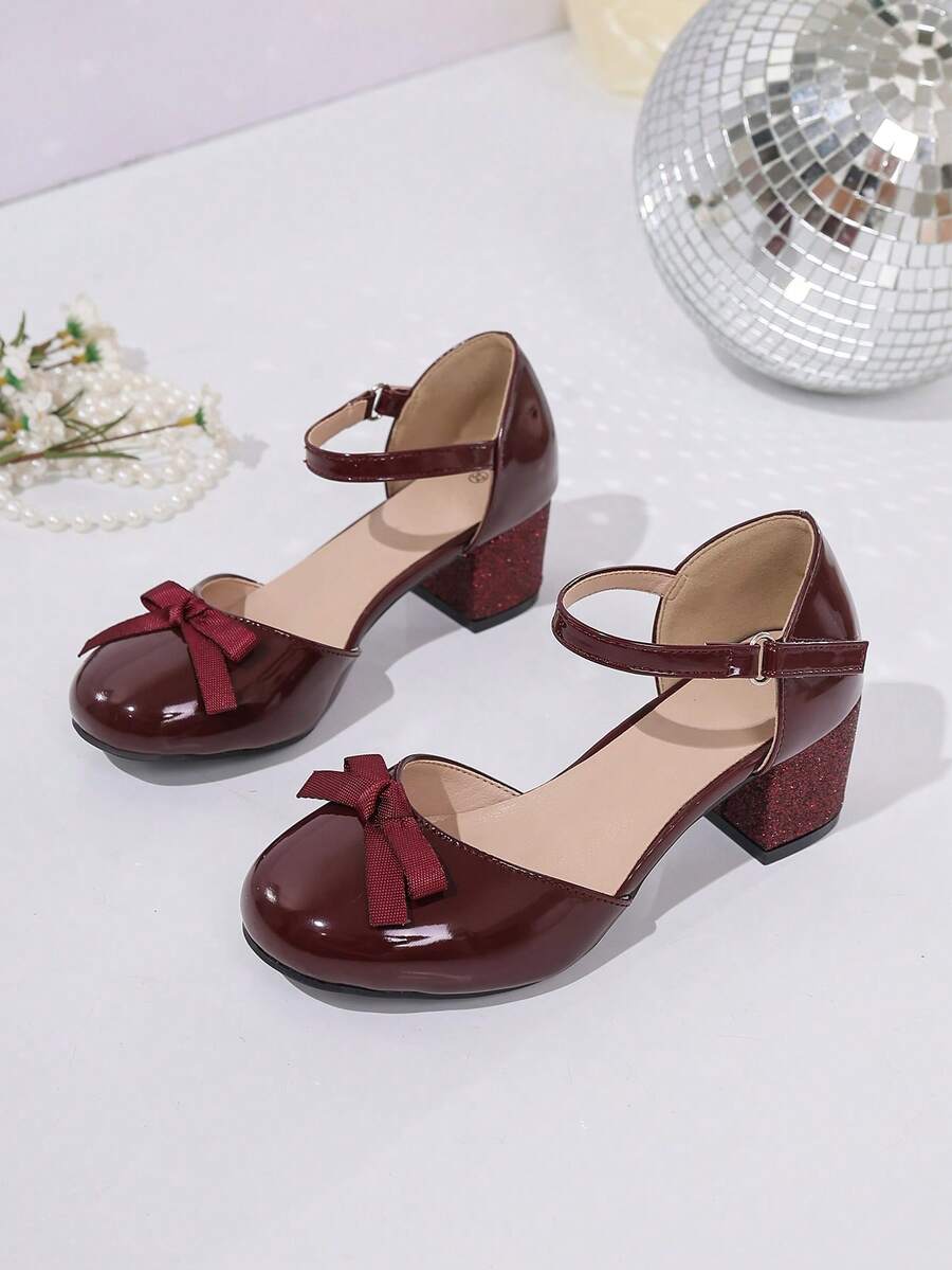 1 Pair Burgundy Bow Sequin Chunky Heel Shoes, Sweet & Cool Fashion Item