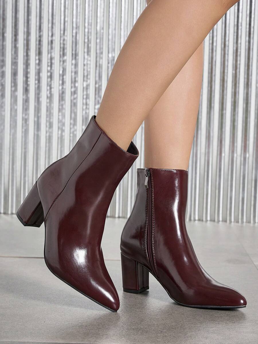 女士经典踝靴，粗跟尖头高跟靴，短筒靴，秋冬皮靴，一脚蹬侧拉链性感夜店舒适优雅裸色靴，酒红色 - 酒紅色 - 查看 1