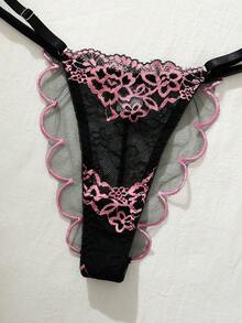 2PCS Women's Black And Pink Colorblocked Lace Floral Sexy Underwear Set, Semi-Transparent Flirty Ruffles, Cozy Home Comfort Style Lingerie Set, Perfect For Christmas Gifts