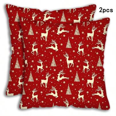 TOPSSCTR 2pcs Festive Christmas Throw Pillow Covers, Elk Designs, Cozy Winter Holiday Decor For Home, Porch, Patio, Couch & Sofa, Polyester, Zip Closure, Machine Wash - No Inserts