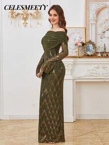 Olive Green Elegant Maxi Long Sleeve Dresses Off The Shoulder Sequin Evening Prom Dress For Christmas, Party, Wedding - Olive Green - View 4