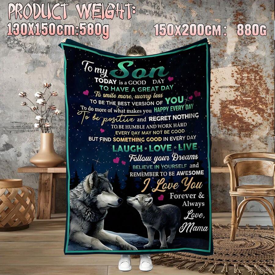 I'm Giving My Son A Fleece Blanket - A Heartwarming Design With Heartfelt Messages, A Heartfelt Message Design, Made With Love,Super Soft Flannel Printed  Blanket, As Birthday Gifts, Family, Wedding, Souvenir Blankets, Polyester Blankets Suitable For All Seasons, Washable, Machine Washable, Lightweight, Breathable, Comfortable, Warm, Unique, 280gsm For HimPersonalized Ideal Gifts For Her.  Perfect Nap, Camping, Travel, Home, Daily Life, Office Decoration, Birthday, Anniversary, Valentine's Day, Thanksgiving, Christmas, Halloween, Wedding, New Year Gifts ,Sofa,Bed,Car,Bedroom,Living Room,Office,  Outdoor Camping, Beach,Wall Decoration - 多色6 - 查看 1