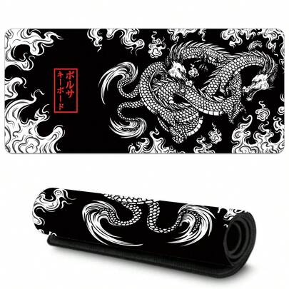 1pc Japanese Dragon Large Gaming Mouse Pad For Desk, Black Mouse Pad Gaming Mouse Mat Desk Pad, Non-Slip Base Computer Pad Keyboard Mat, XL Mousepad With Stitched Edge For Home Office