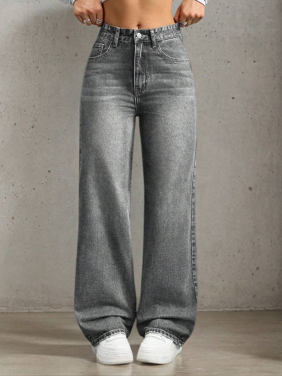 青少年女孩休闲口袋直筒宽松牛仔裤 - 灰色 - 查看 1