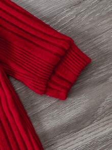 [Niño pequeño] Conjunto de 2 piezas de mono de otoño/invierno, con tela acanalada en color burdeos, cierre delantero para facilitar el vestido, gráfico adorable de oso en el pecho, gorro a juego, cálido y lindo para uso diario - Rojo - Ver 6