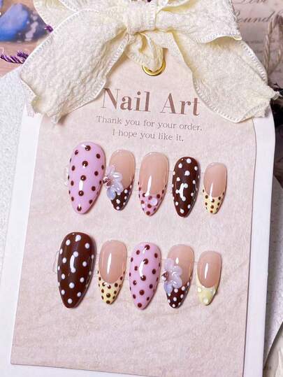 10pcs Handmade Almond Powder, Brown, Caramel, Polka Dot, Yellow French Acrylic Nail Tips, Cute Minimalist Elegant Design Nails Nail Supplies Handmade Press On Nails