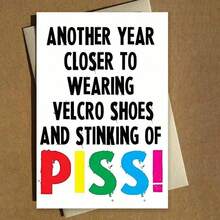 Edgy Humor Birthday Card With Bold Hook And Loop Shoes & PISS! Message - Colorful Typography Insult Greeting Card For Adults, Irreverent Age Milestone Card With Golden Elephant And Cupcake Prop Display - Multicolor - View 7