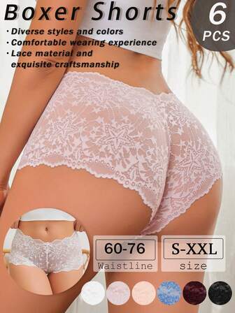 Set de 6 bragas de mujer de unicolor con diseño de encaje en forma de estrella, cómodas, transpirables, suaves y amigables con la piel. Esenciales diarios adecuados para citas, noches de fiesta y eventos, tallas S-XXL