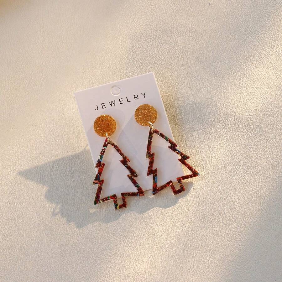 1 par de pendientes elegantes de árbol de Navidad rojo con brillo y hueco de acrílico, regalo de fiesta, festival de música y vacaciones para mujeres