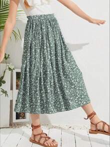 青少年女孩波西米亚风格碎花弹性腰裙，百搭 - 綠色 - 查看 6