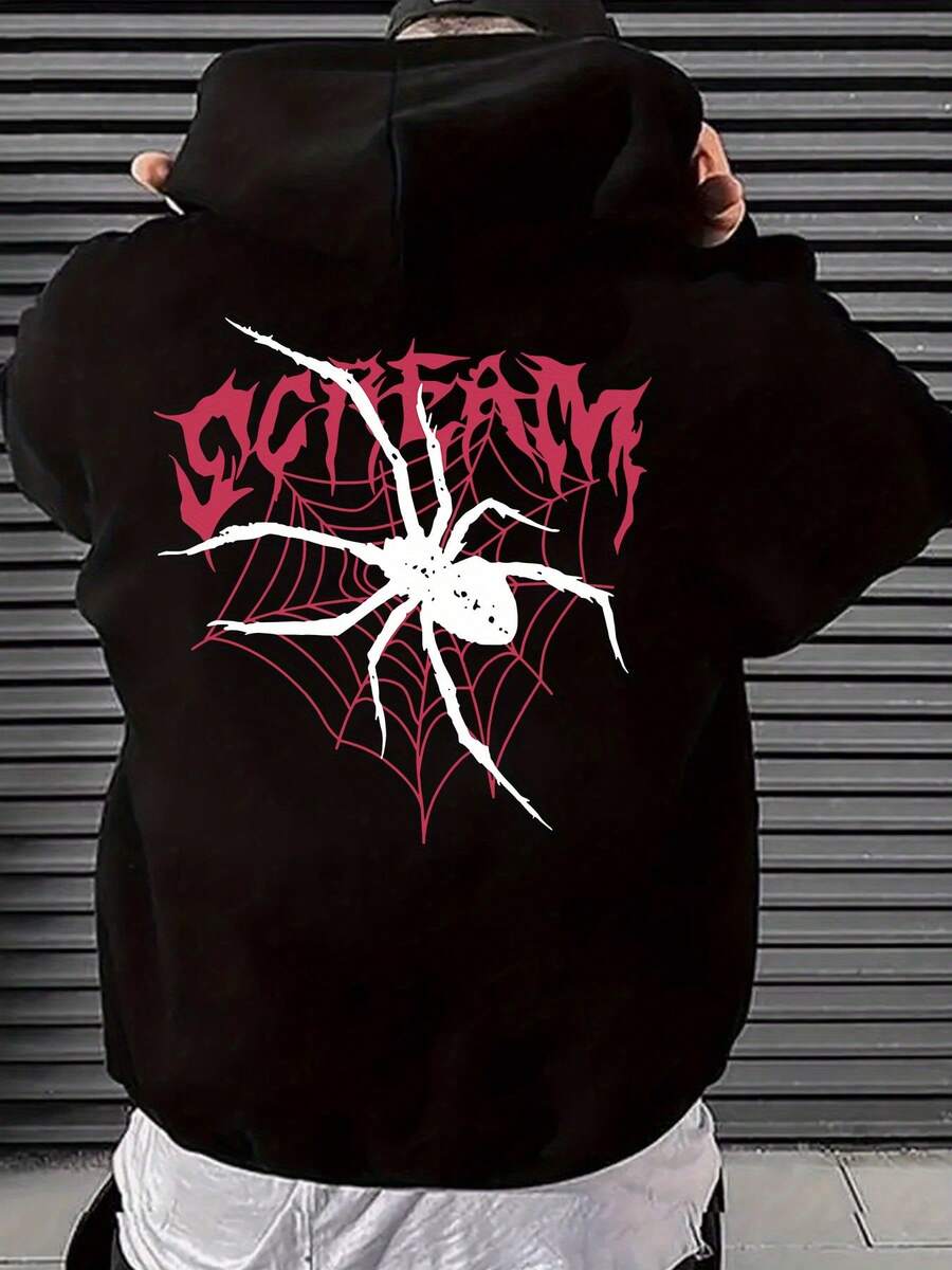 Sudadera con capucha de patrón de telaraña geométrica azul marino para hombres - Sudadera casual con fuente en negrita, lavable aáquina, ajuste regular adecuado para primavera y otoño, diseño de estilo urbano, tela cómoda, entusiastas de la ropa urbana - Negro - Ver 1