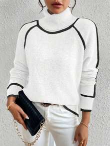 Suéter de punto de manga larga con cuello alto, corte holgado, para mujer, estilo casual de otoño - Blanco - Ver 5