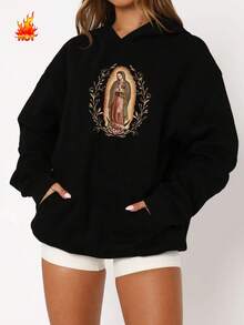 Our Lady Of Guadalupe Virgin Mary Fleece Hoodie, Mother Hoodie, Latina Hoodie Gift For Catholic Mom, Vintage 90s Y2K - Soft, Breathable Crew Neck, Lightweight & Comfortable Casual Summer Wear, Women's Tops, White - Black - Fleece Hoodie - 查看 2