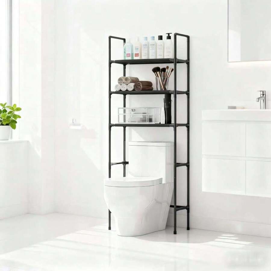 Floor Standing Storage Rack Without Holes Laundry Rack For Bathroom Increases Space Saving Multi Story Bathroom Storage Racks - 黑色 - 查看 1