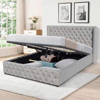 Winged Plush Velvet Ottoman Bed 3ft Single 4ft6 Double 5ft Kingsize In Green, Blue Light Grey Or Dark Grey