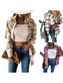Women Fashion Long Sleeve Plaid Top Casual Lapel Cardigan Coat For Shopping Daily Wear