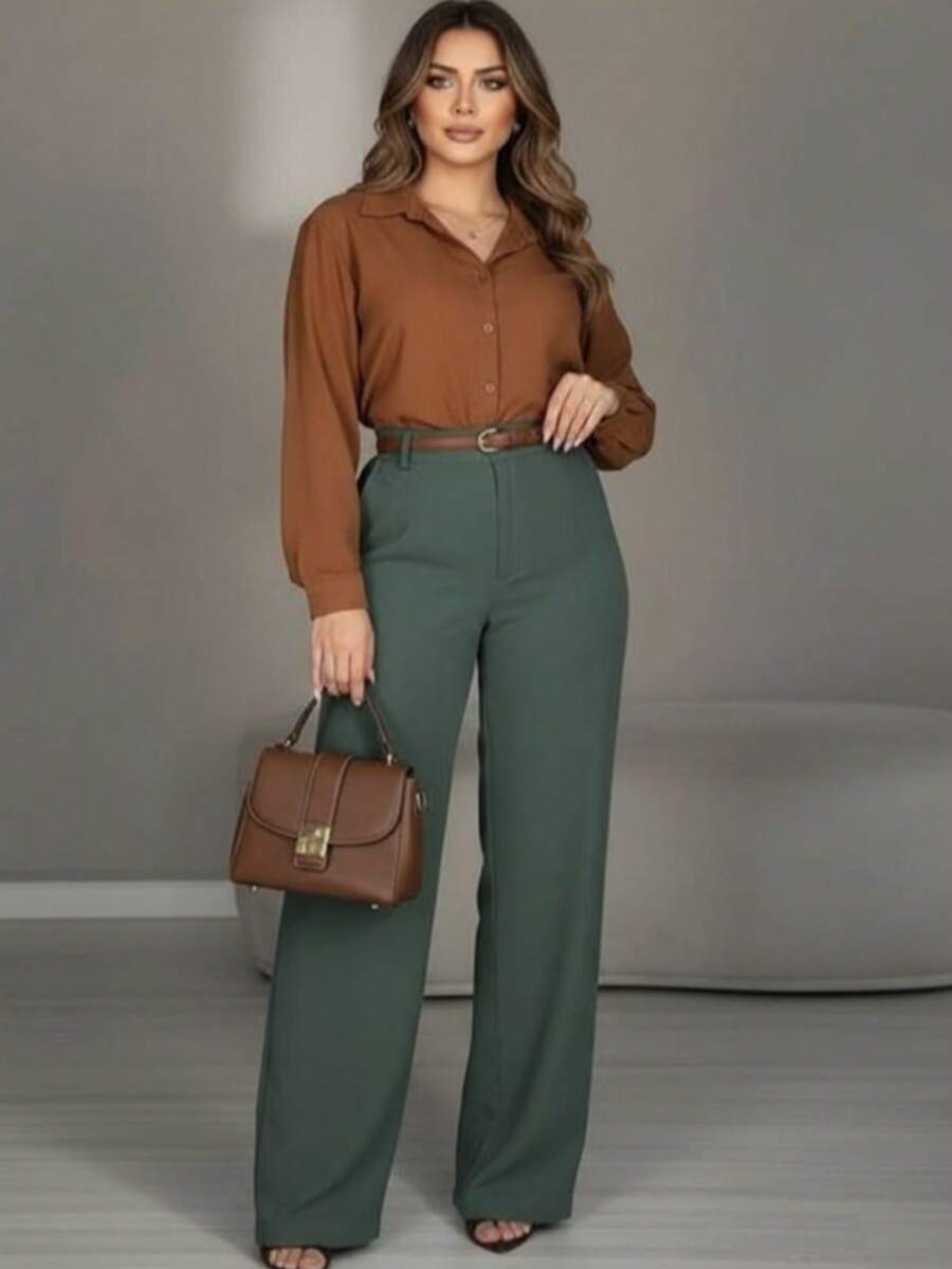 Women's Wide Leg Tailored Style Pantaloons With High Waist, Simple Zipper, Pocket, PP To GG, Office, Formal Night And Nighttime, Modern Winter, Premium Sensory Fabric - 墨綠色 - 查看 1