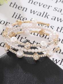 1 件新款三排珍珠和水钻手链，银色/金色弹力线时尚简约水钻手链，韩式配饰 - 銀色 - 查看 15