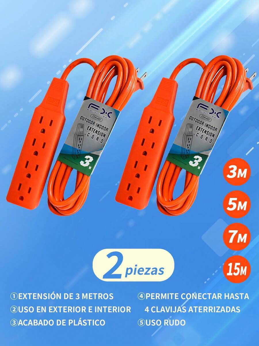2 Piezas Extensión de corriente uso liviano uso intensivo extensión de corriente multicontacto uso pesado 3M/5M/7M/15M, naranja,resistente, cable de extensión.