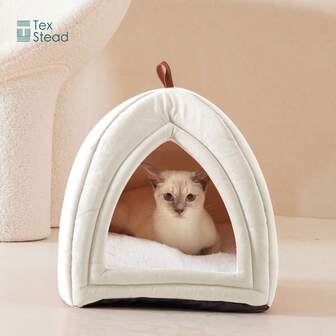 1pc TEXSTEAD Foldable Pet Tent Bed House With Removable Cushion Pillow & Extra Sponge Pad - Portable Indoor Kennel For Small/Medium Dogs & Cats, Non-Slip Bottom, Cozy Warm Sleeping Nest, Multi-Color Options, Easy Assembly, Durable & Stylish Design