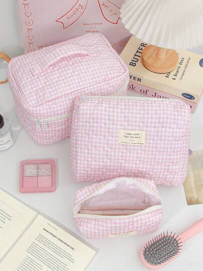 حقيبة مكياج وردية مطبوعة بشكل شبكي، حقيبة تخزين مستحضرات التجميل مبطنة بشكل قلب، تصميم بسيط، مجموعة حقائب تخزين مستحضرات التجميل متعددة الأحجام، حقيبة قماش ناعمة لتخزين فوط صحية، حقيبة سفر كبيرة السعة لمستلزمات الحمام، حقيبة مكياج وردية أنثوية