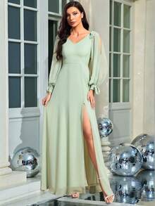 Spring Split Sleeve Split Thigh Chiffon Sage Green Bridesmaid Dress For Wedding - Mint Green - View 3