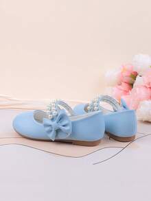 花童鞋适合婚礼、派对、节日，适合幼儿、小女孩和大女孩，蓝色珍珠蝴蝶结装饰平底鞋，正式礼服、独奏、芭蕾舞、玛丽珍鞋、公主鞋，舒适百搭 - 藍色 - 查看 9