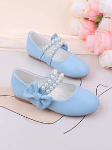 花童鞋适合婚礼、派对、节日，适合幼儿、小女孩和大女孩，蓝色珍珠蝴蝶结装饰平底鞋，正式礼服、独奏、芭蕾舞、玛丽珍鞋、公主鞋，舒适百搭 - 藍色 - 查看 4
