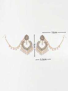 2pcs/Set Vintage Rhinestone Heart Pearl Bell Earrings & Hair Accessories, For Women Wedding Wear - White - View 5