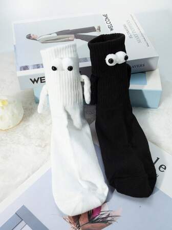 1/2/3 Pair Of Hand-Holding Socks Stockings Eyelet Models Can Be Magnetic Design Models Black And White Two Solid Colours Optional Couple Girlfriend Models Street Fashion Style, Tide Socks, Breathable Elastic High, Daily Versatility, All Seasons!