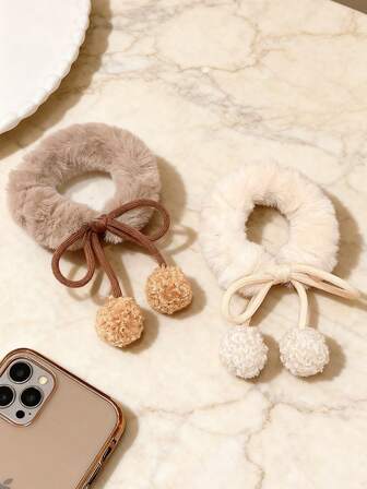 2个装女士发圈，韩式风格，高弹力，毛绒球，可爱ins风发饰，秋冬毛绒发圈，马尾发圈，发绳，橡皮筋，发圈，发绳