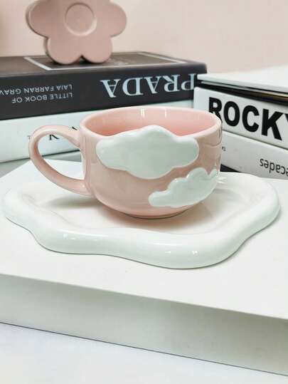 1 Set Creative High-End Delicate Cloud Ceramic Cup & Saucer, Household/Office Elegant Water Cup, Afternoon Tea/Latte Cup, Home Leisure Drinkware