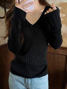 Women V-Neck Ribbed Slim Fit Knit Pullover Tops, All-Match Versatile Long Sleeve Casual Wear - Black - View 7