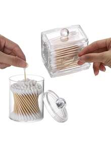 Caja de almacenamiento transparente para el baño, 4 paquetes de cajas de almacenamiento para el baño con tapa, soporte cuadrado pequeño para hisopos, diseño apilable, perfecto para almacenar hilo dental, sales de baño, bolas, etc.