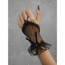 1 par de guantes sin dedos con decoración de strass y moño de moda para la vida diaria, Halloween, Día de San Valentín - Negro - Ver 3